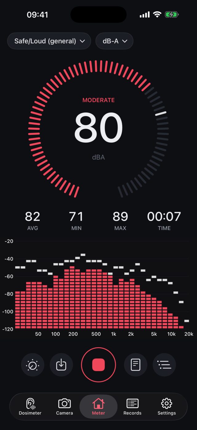 Decibel Meter main screen: segmented gauge with real-time spectrum