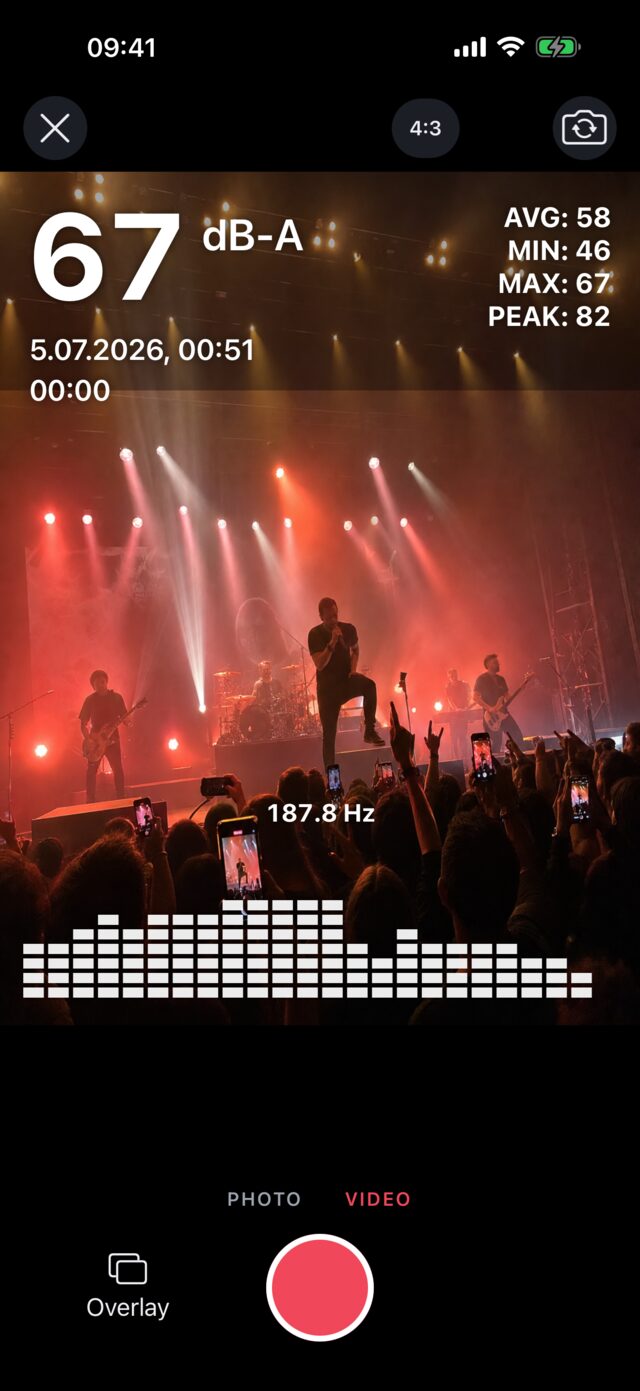 Camera recording a concert with a live dB overlay